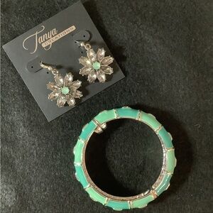 Chico’s Green Enamel bracelet & Tanya Creations matching dangle earrings